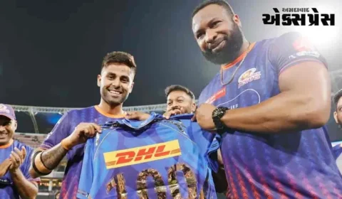 સૂર્યકુમાર યાદવે ખાસ સદી પૂર્ણ કરી, કિરોન પોલાર્ડ તરફથી ભેટ મળી