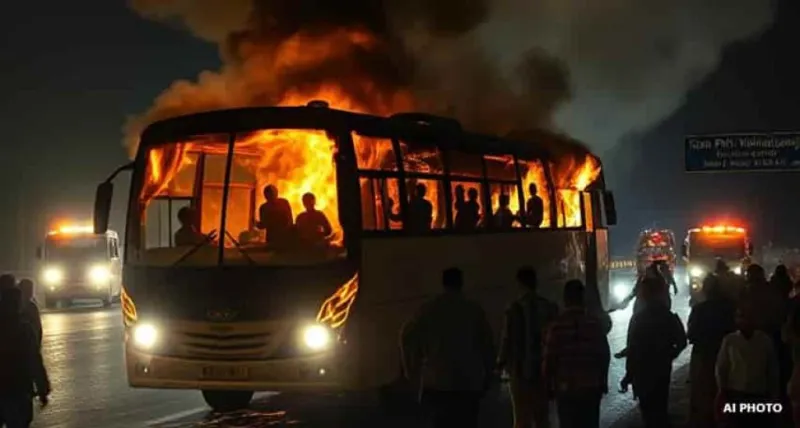 લખનૌ બસમાં આગ લાગી: 5 લોકોના મોત, ઇમરજન્સી દરવાજો ફેલ થઇ જતા ઘટના બની