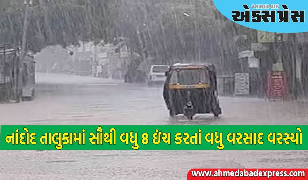 છેલ્લાં ૨૪ કલાક દરમિયાન નર્મદા જિલ્લાના  નાંદોદ તાલુકામાં સૌથી વધુ ૮ ઇંચ કરતાં વધુ વરસાદ વરસ્યો